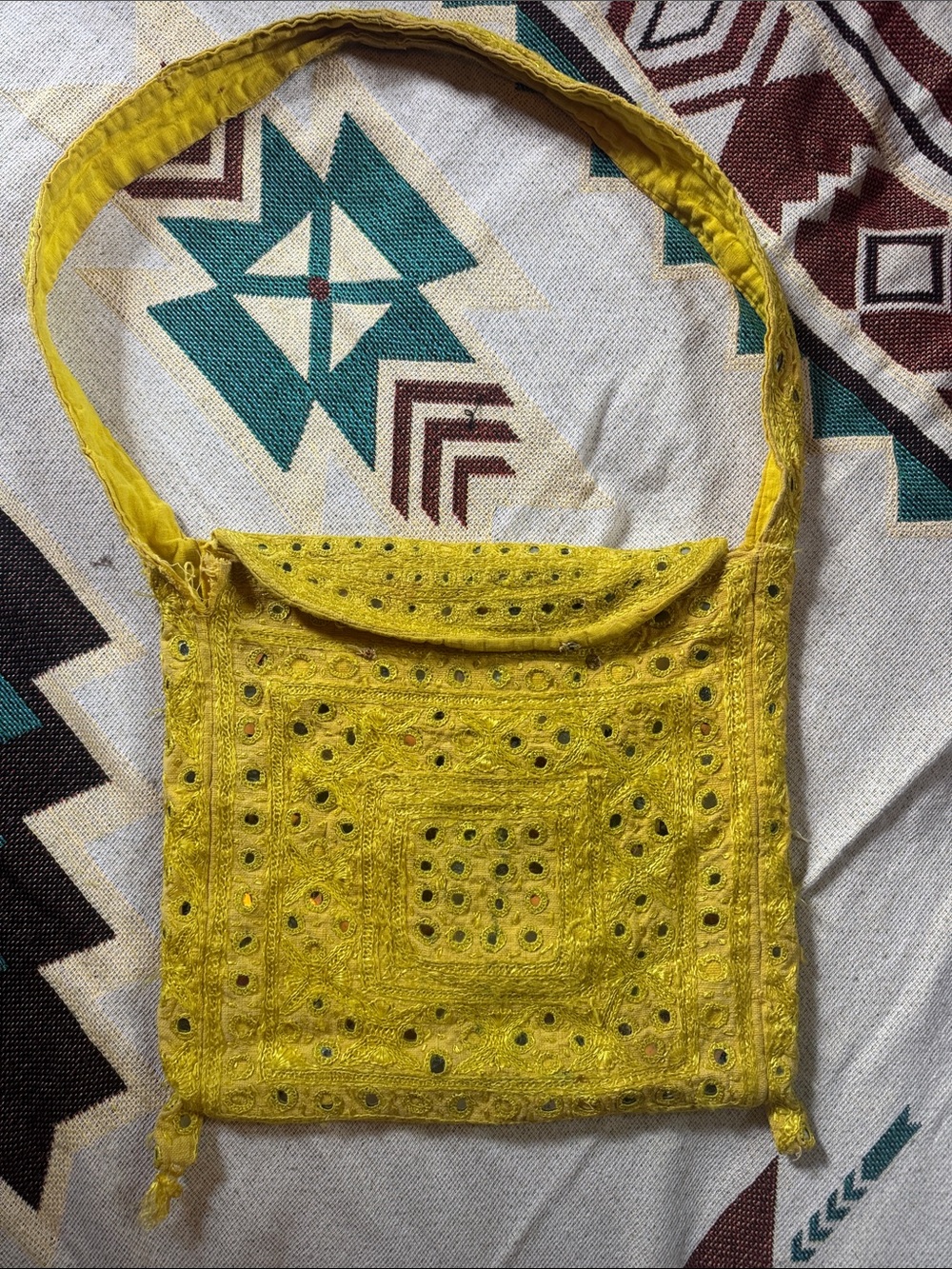 Indian crossbody shoulder bag yellow sparkly mirror cotton linen has damage